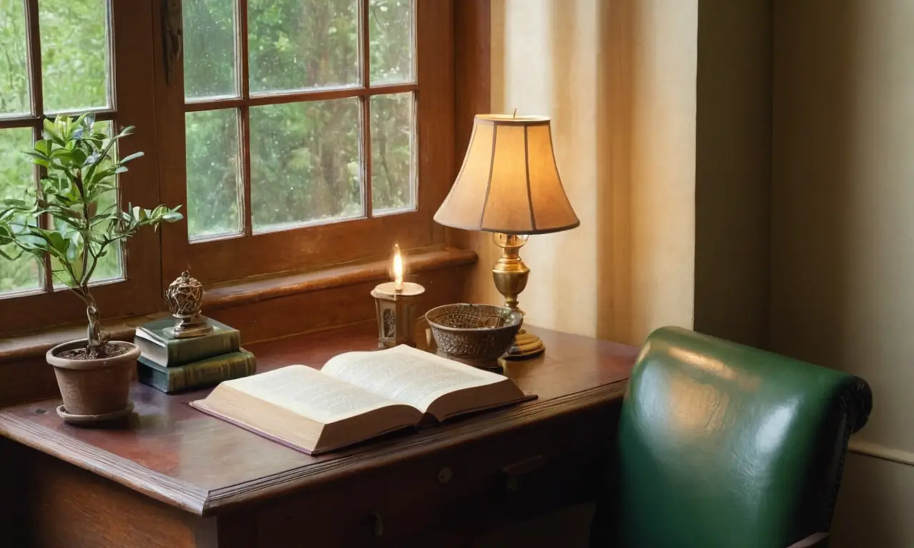 Bureau ancien, lumière douce, ambiance studieuse