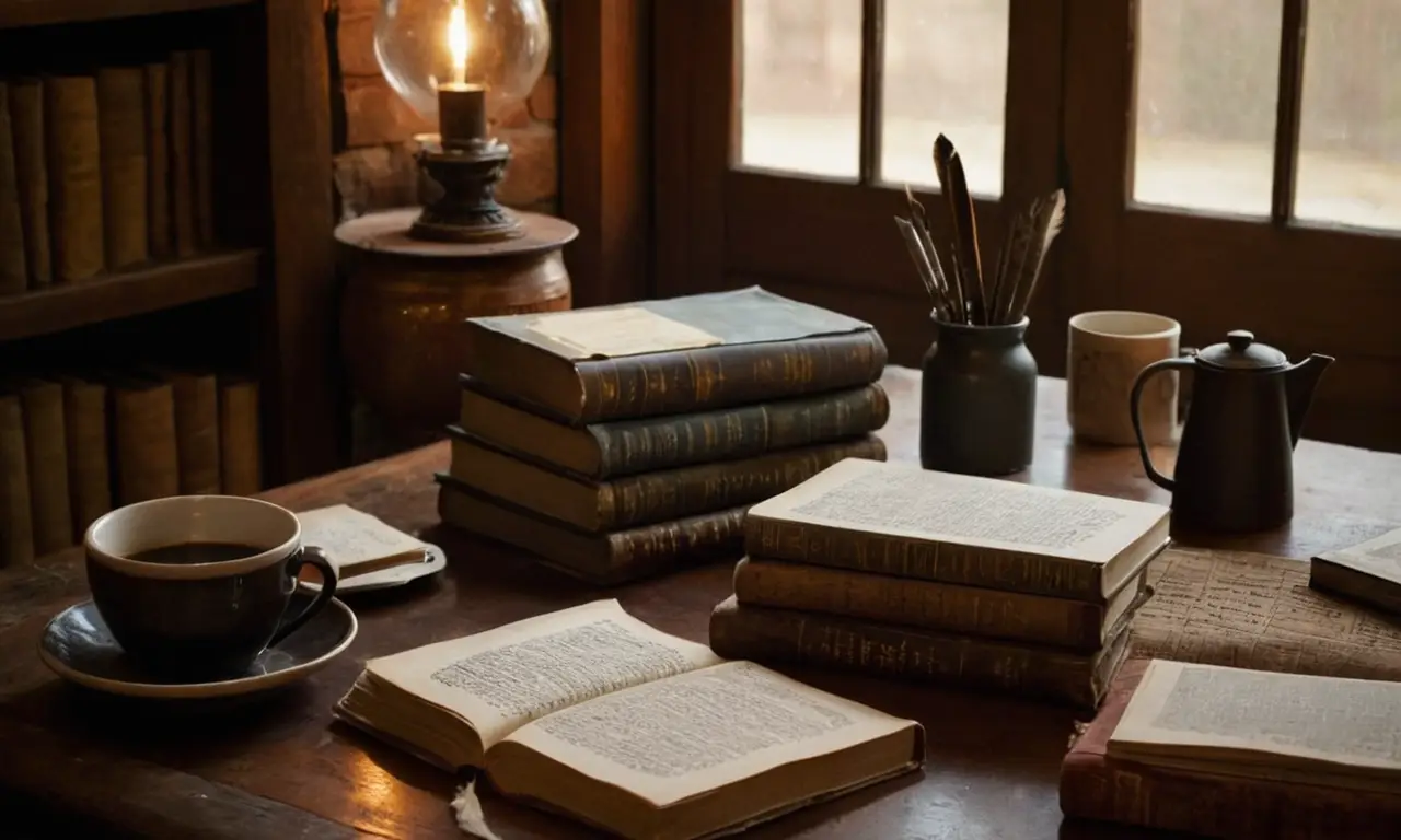 Table en bois, ambiance chaleureuse, livres éparpillés