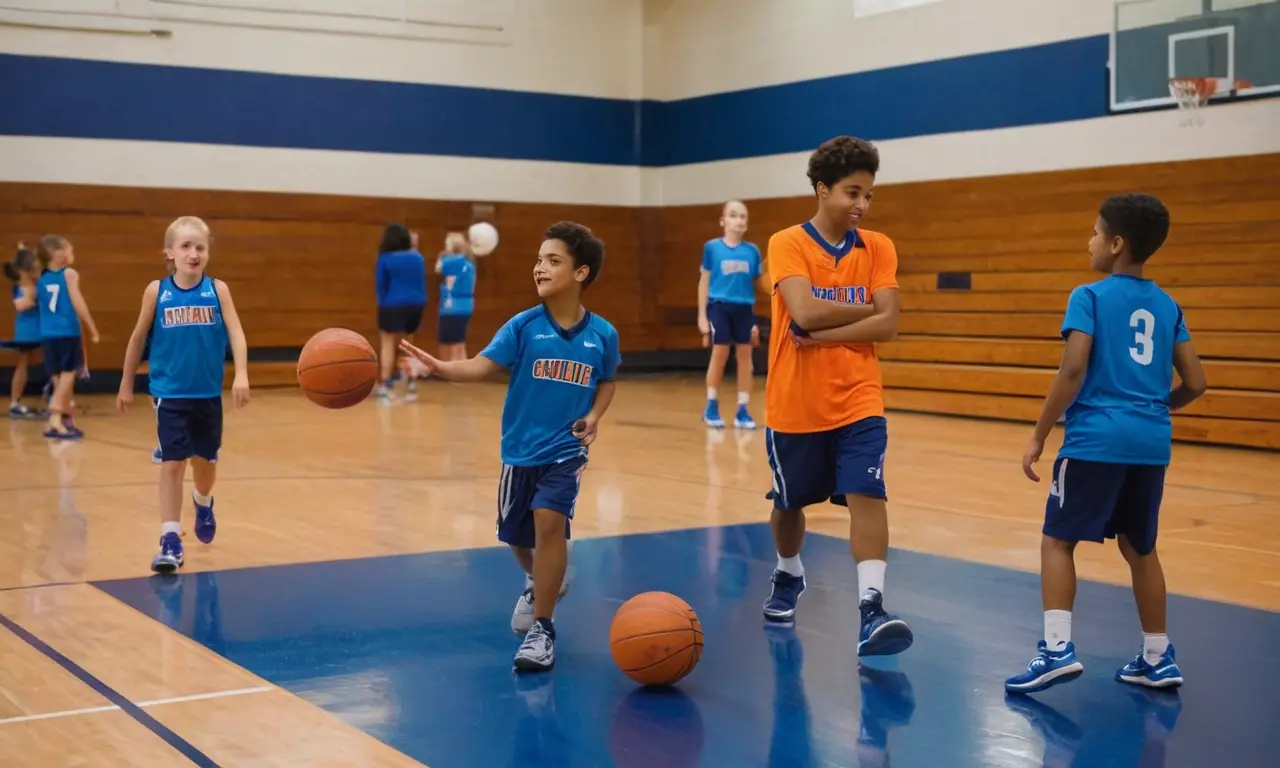 Gymnase lumineux, enfants enthousiastes écoutent le coach