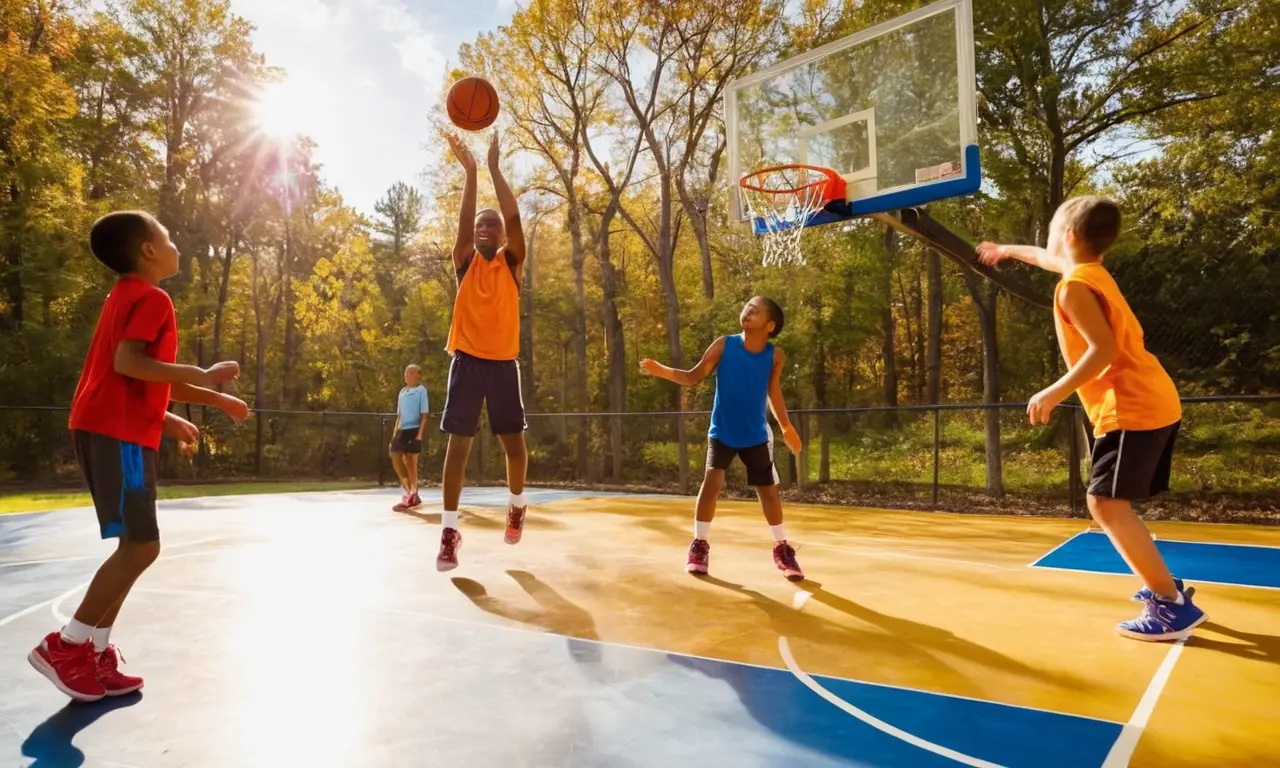 Enfants jouent au basket sous le soleil