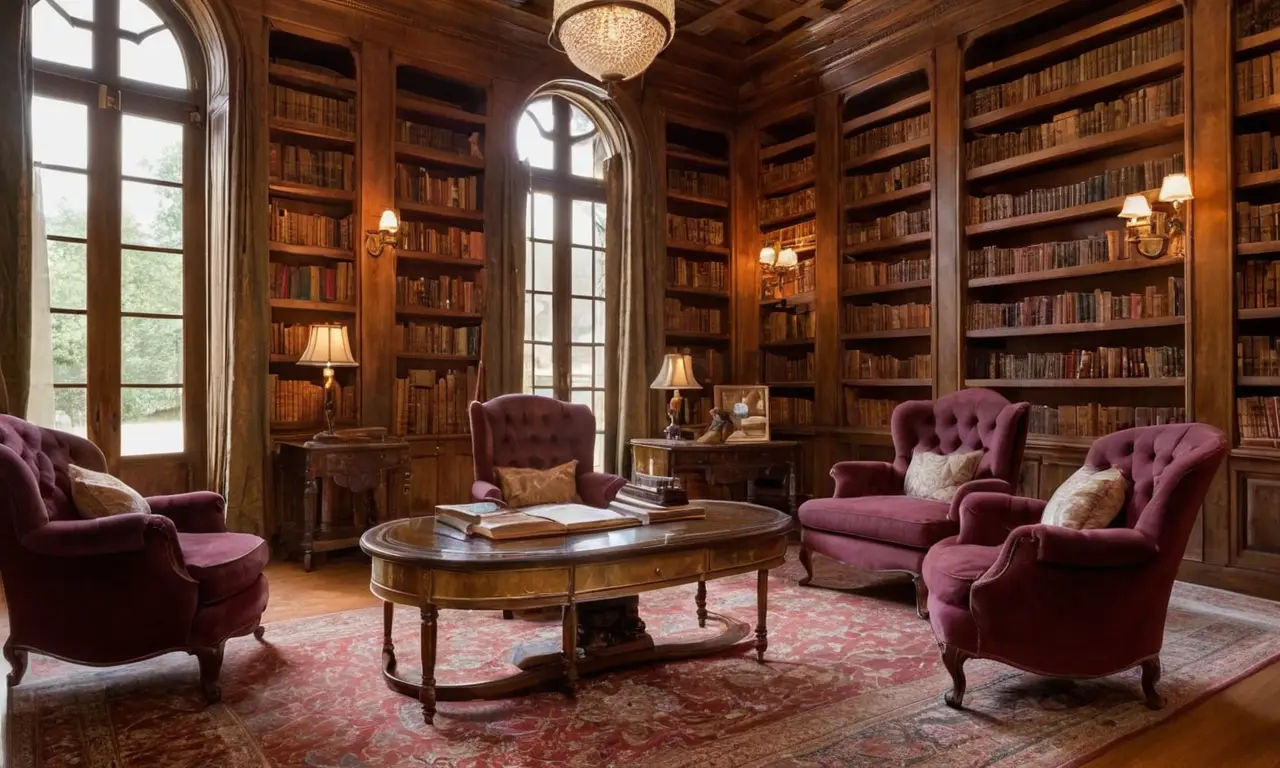 Bibliothèque élégante, chaleureuse et invitante à la réflexion