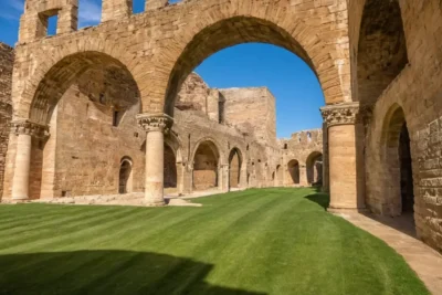 Ruines antiques majestueuses sous un ciel bleu