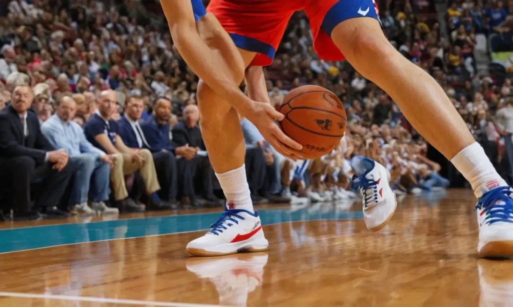 Un joueur de basket dynamique sur terrain lumineux