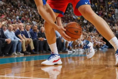 Un joueur de basket dynamique sur terrain lumineux