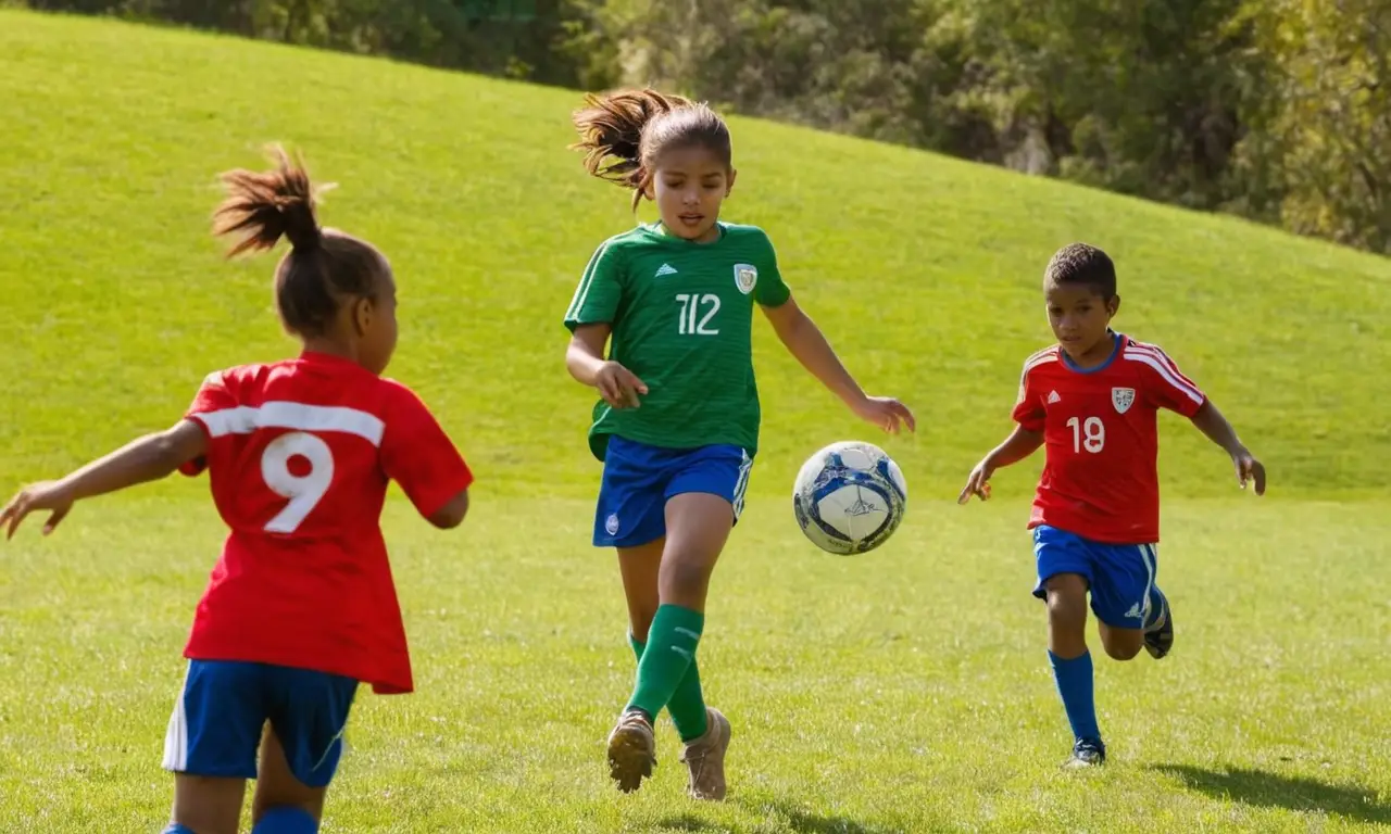 Terrain de football ensoleillé avec enfants dynamiques