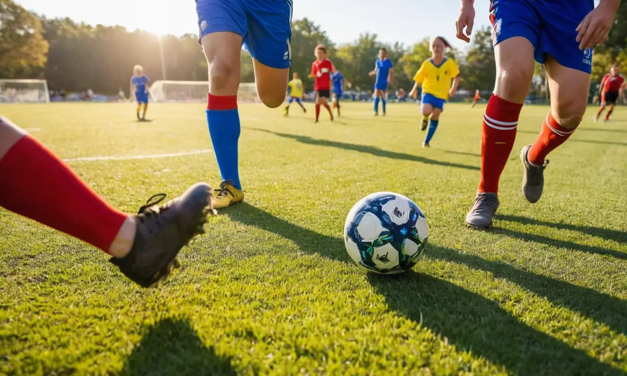 Terrain de football animé sous un ciel bleu