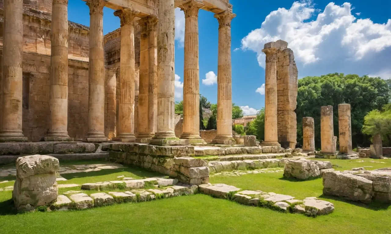 Ruines romaines mêlant histoire et vie moderne