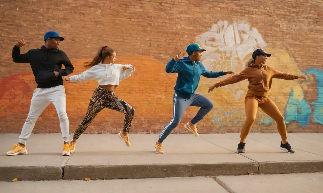 Danseurs dynamiques en milieu urbain coloré
