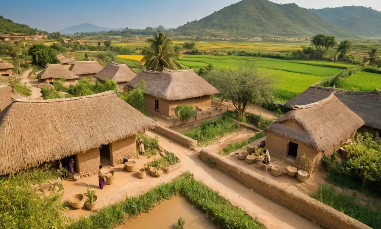 Scène de village ancien, vie communautaire animée
