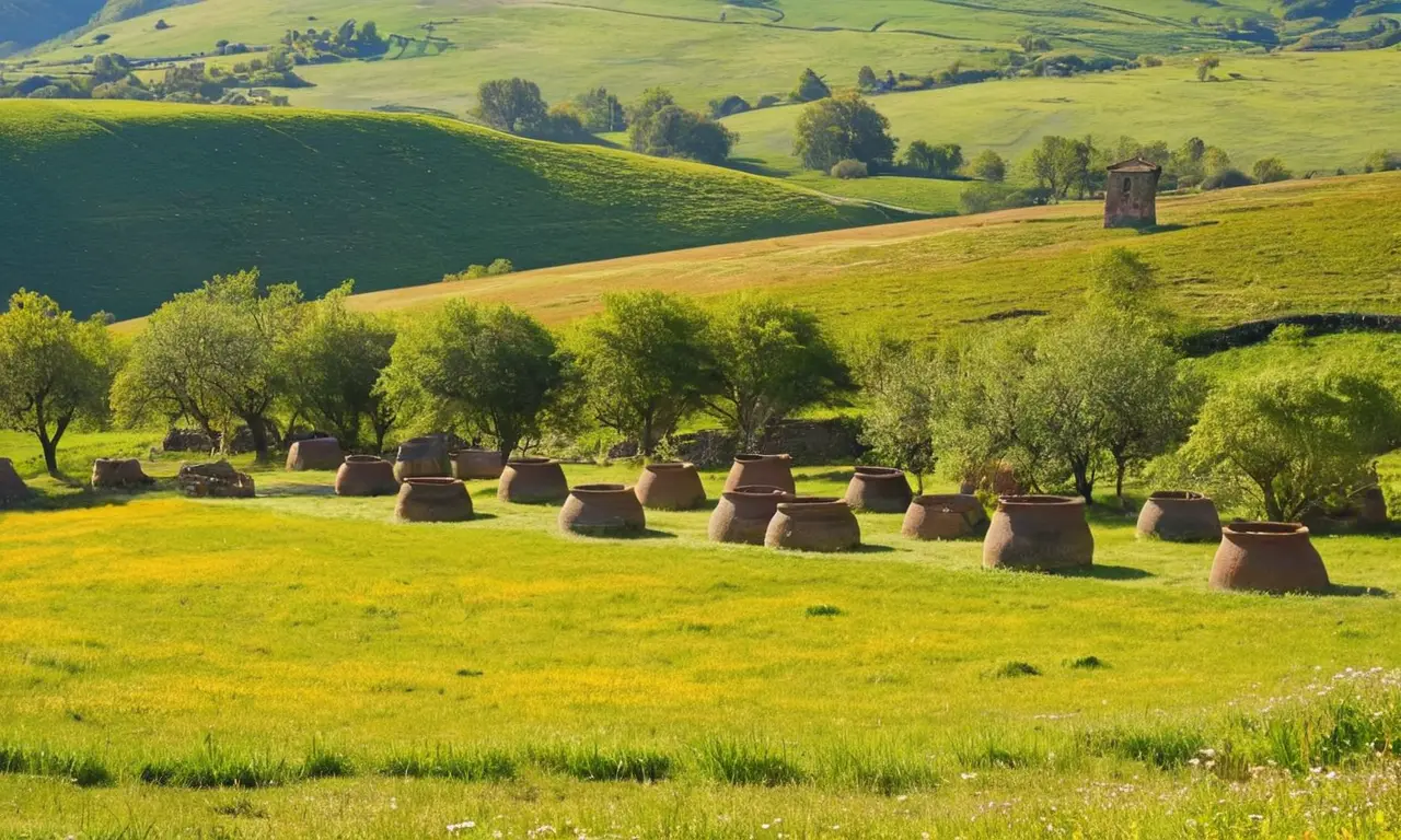 Paysage ensoleillé avec collines et activités traditionnelles