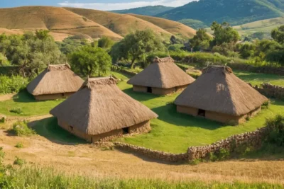 Paysage néolithique vibrant avec collines et culture