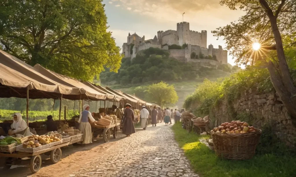 Un paysage médiéval vibrant avec château et marché
