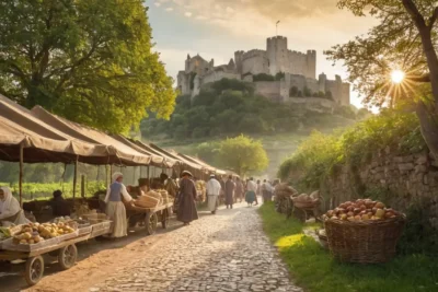 Un paysage médiéval vibrant avec château et marché