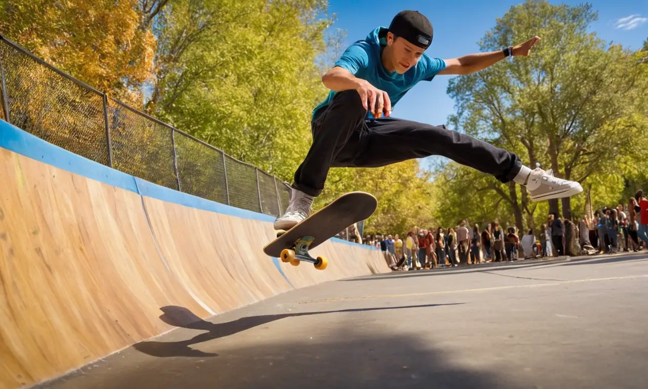 Skateur en plein saut, énergie et concentration