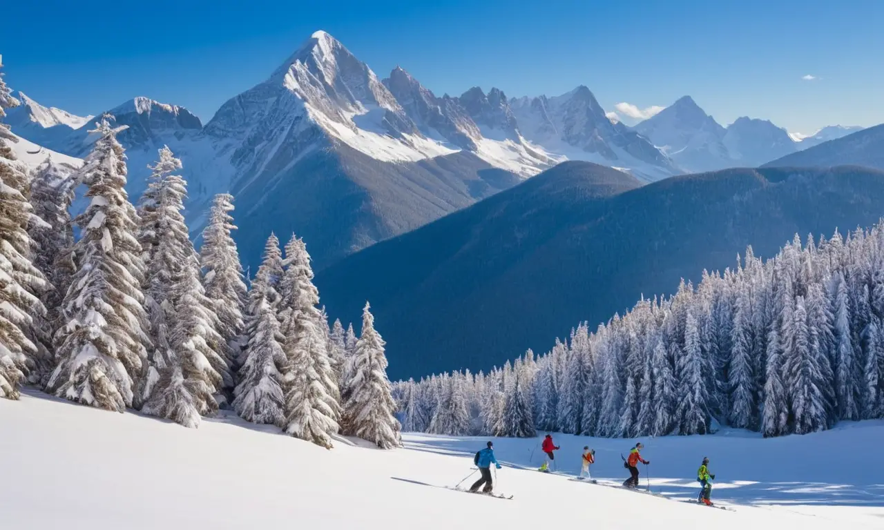 Paysage enneigé avec skieurs et ambiance joyeuse