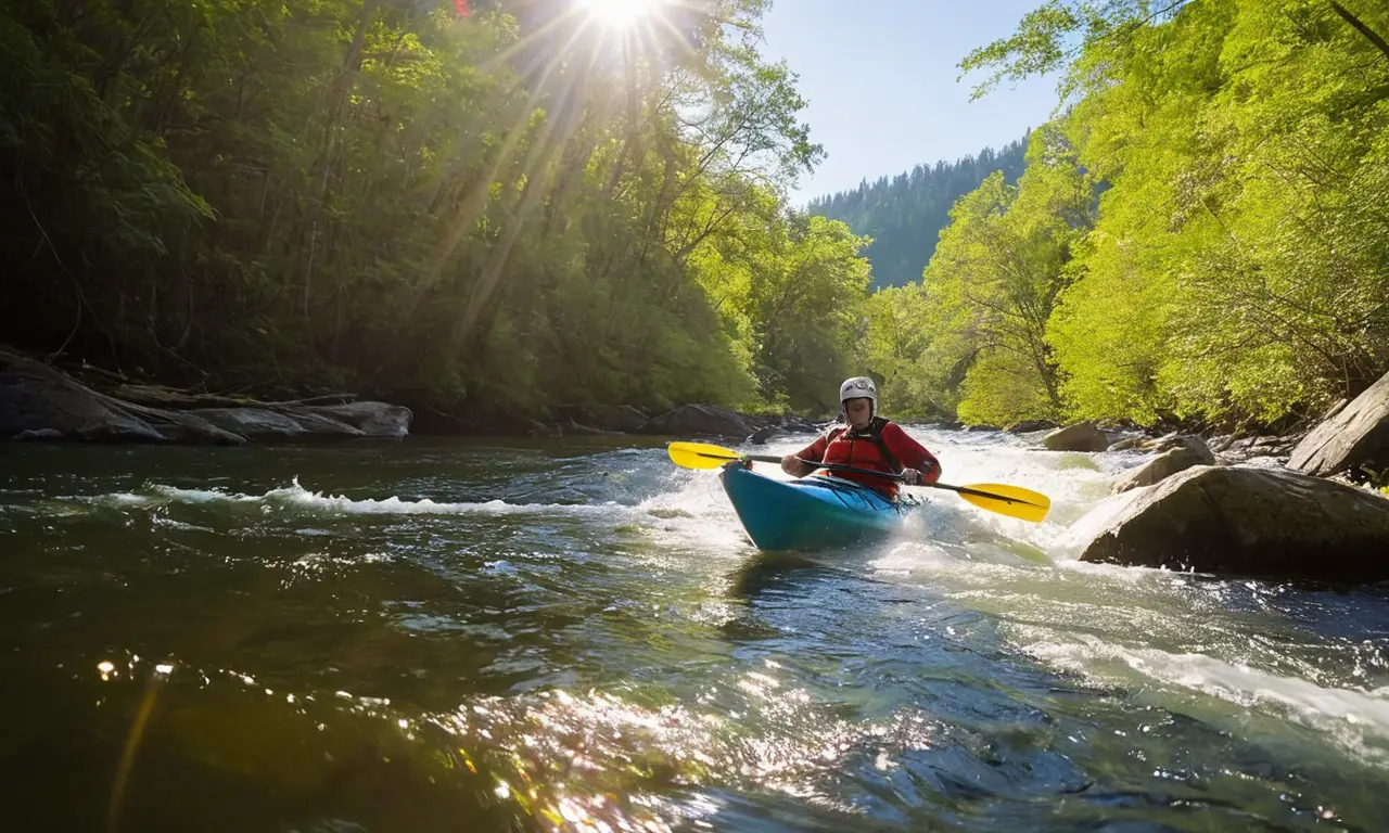 Rivière ensoleillée, kayak, mouvement exaltant