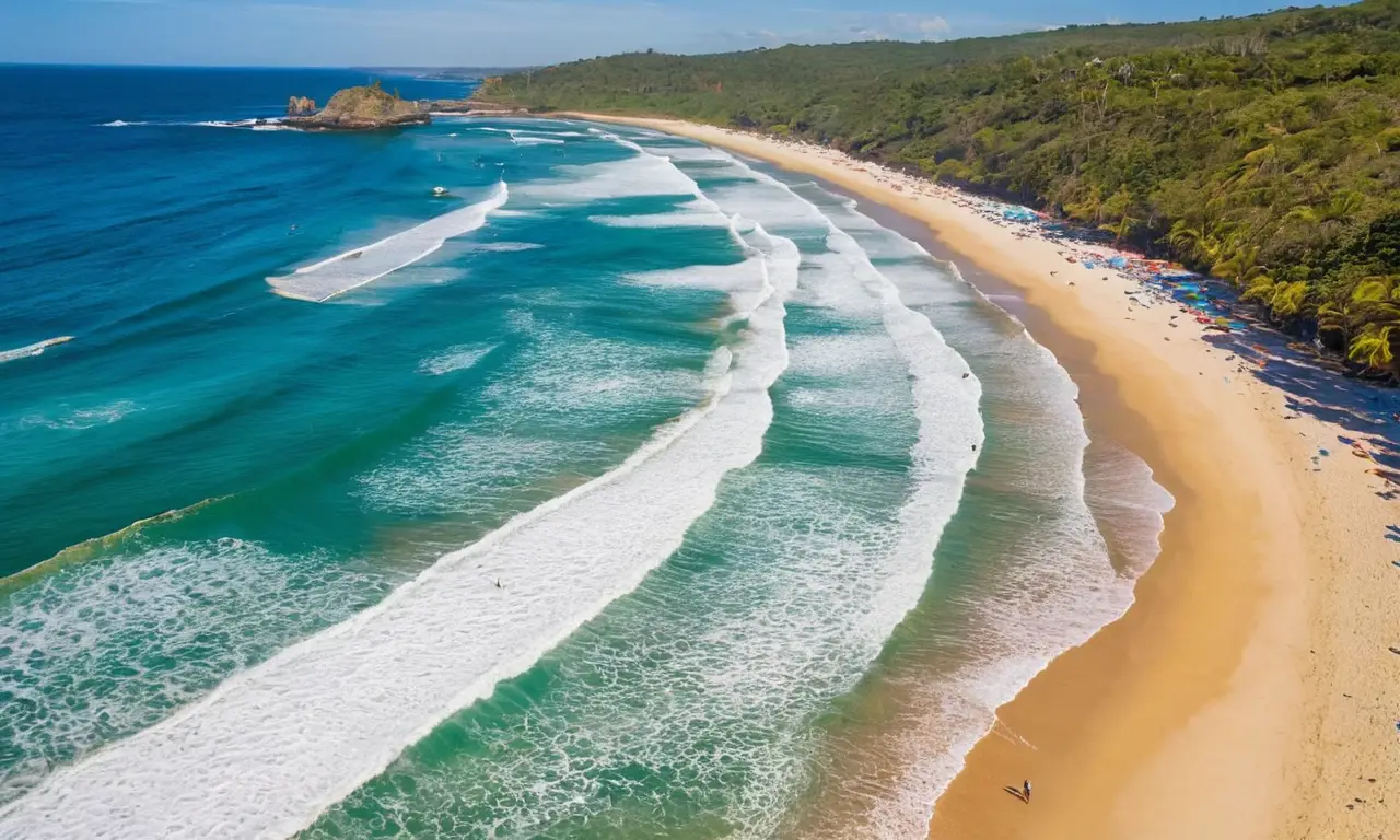 Vagues bleues, surfers, soleil et nature harmonieuse