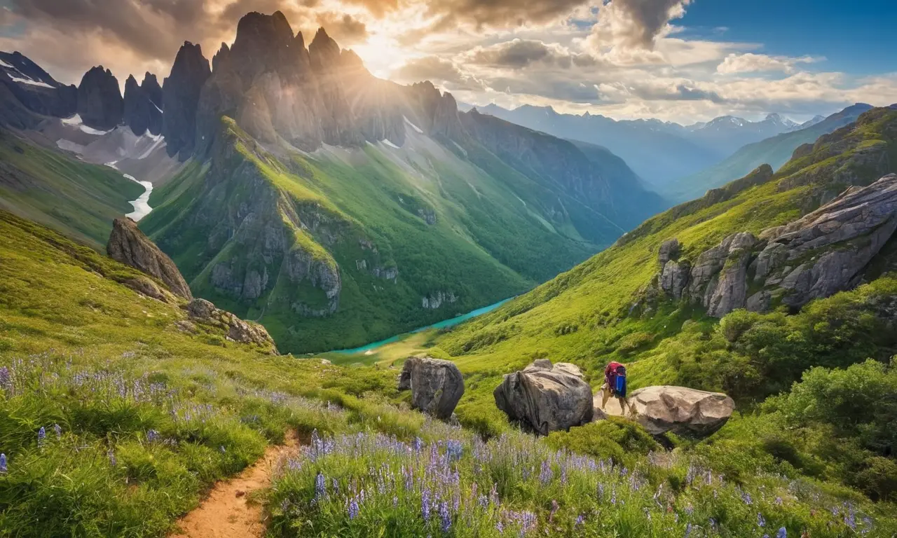 Paysage montagneux lumineux avec aventuriers explorant