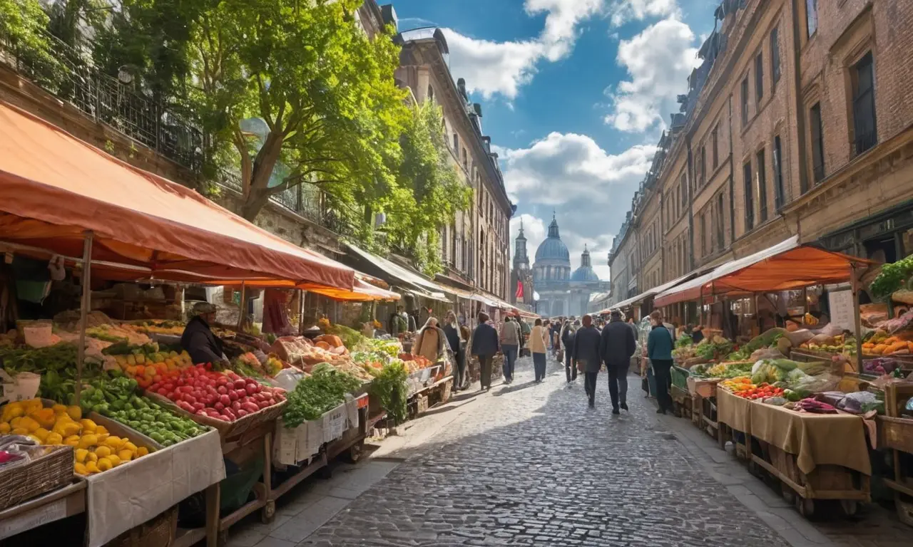 Ville animée avec marchés et diversité humaine