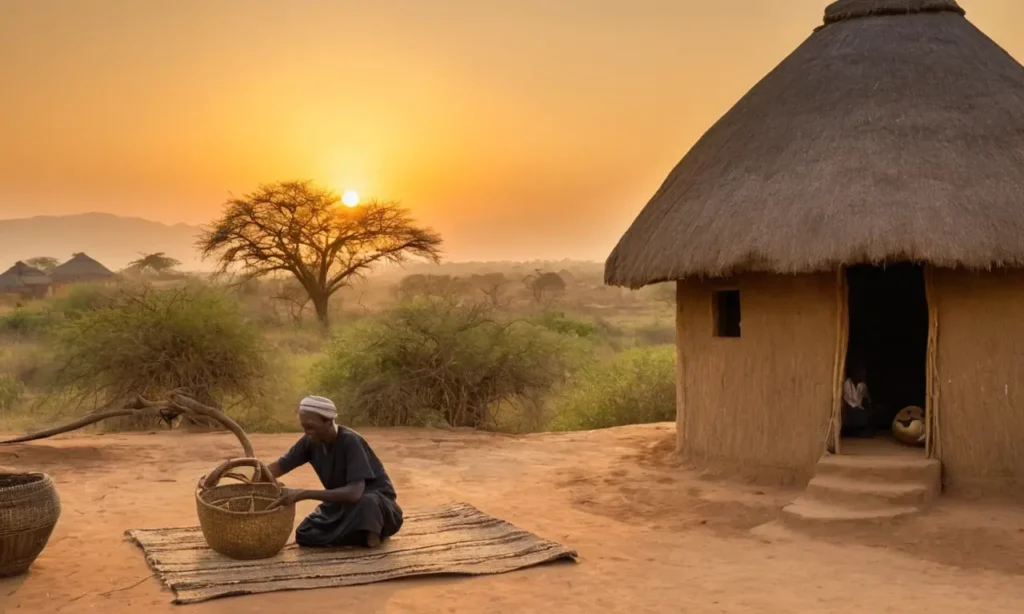 Village africain ancien au crépuscule