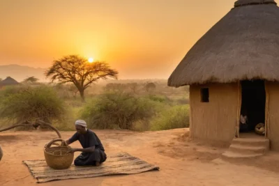 Village africain ancien au crépuscule
