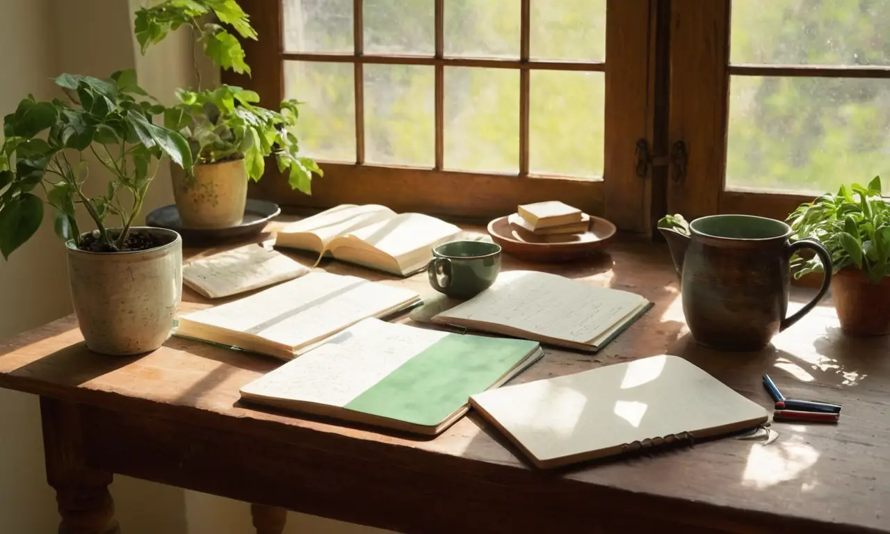 Table en bois, livres, café, lumière douce
