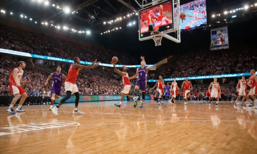 Terrain de basket vibrant avec intensité compétitive