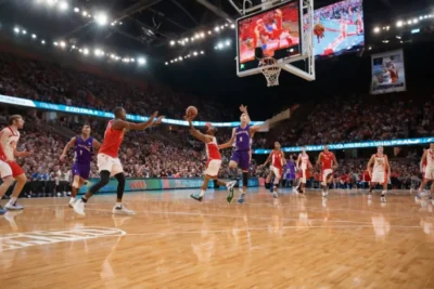 Terrain de basket vibrant avec intensité compétitive