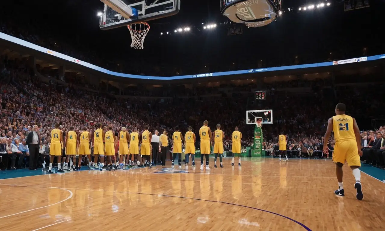 Terrain de basket vibrant avec joueurs dynamiques