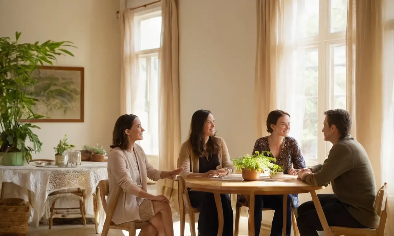 Table en bois, conversation chaleureuse et conviviale