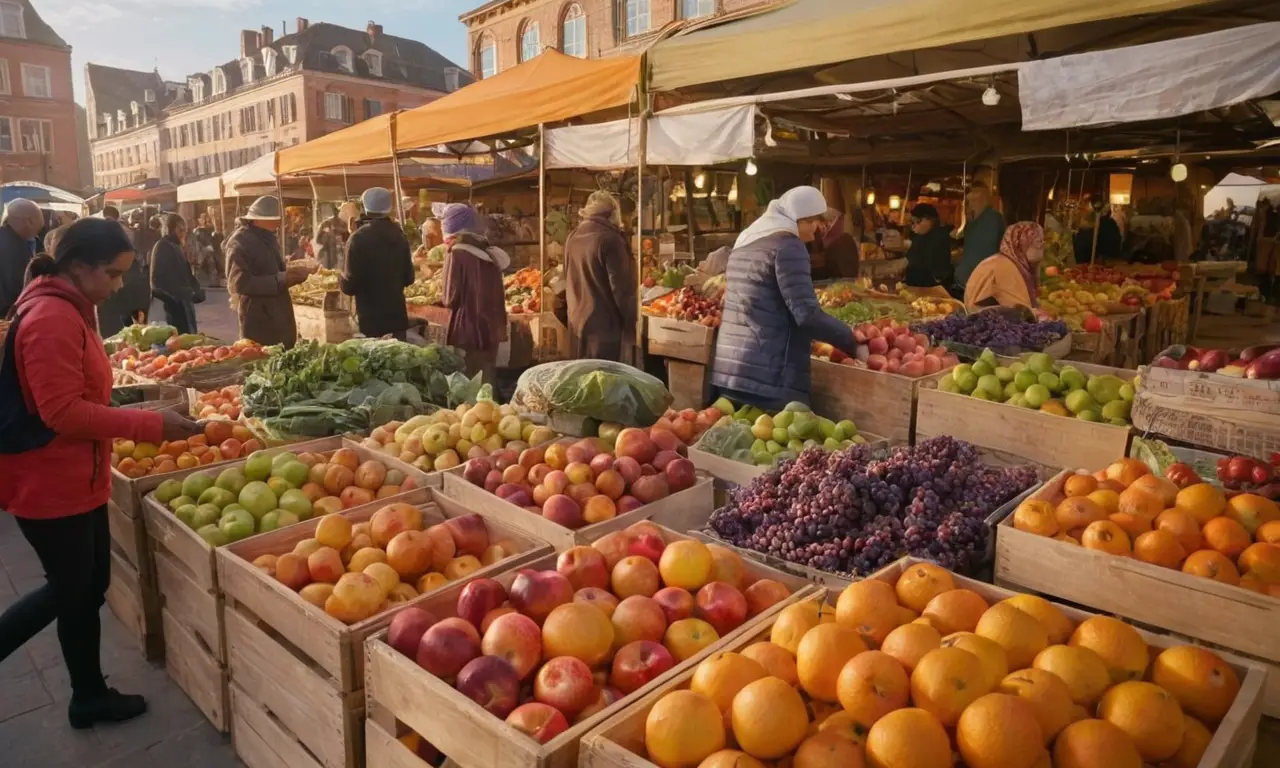 Un marché animé aux couleurs vibrantes