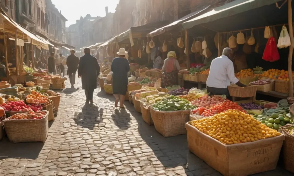 Marché animé avec couleurs et interactions vives