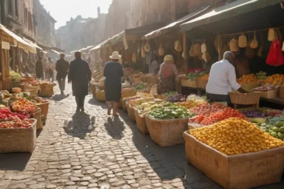 Marché animé avec couleurs et interactions vives