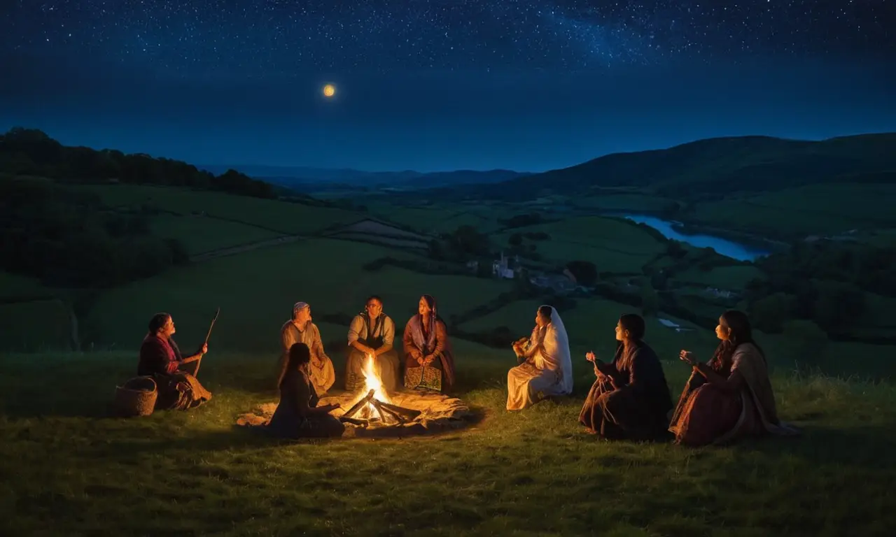 Nuit étoilée, feu de camp et silhouettes anciennes