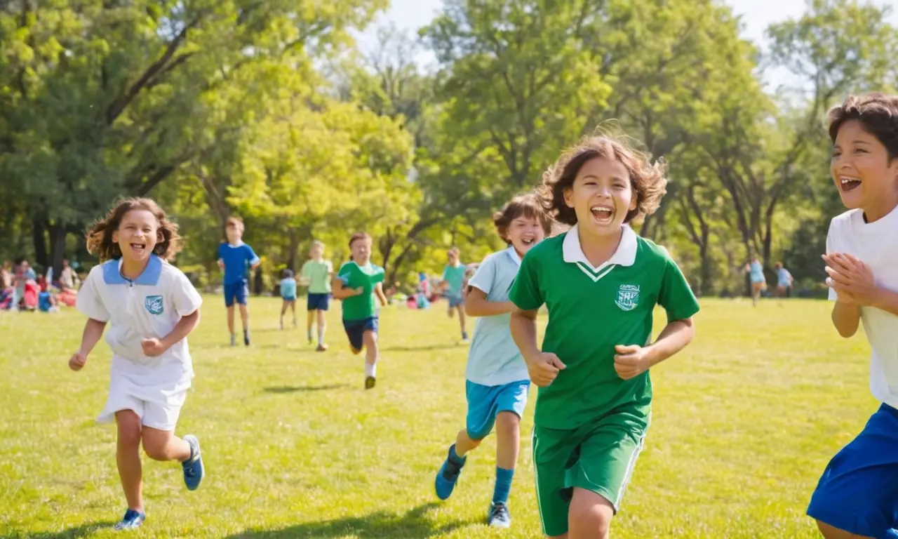 Journée ensoleillée, enfants jouent et rient