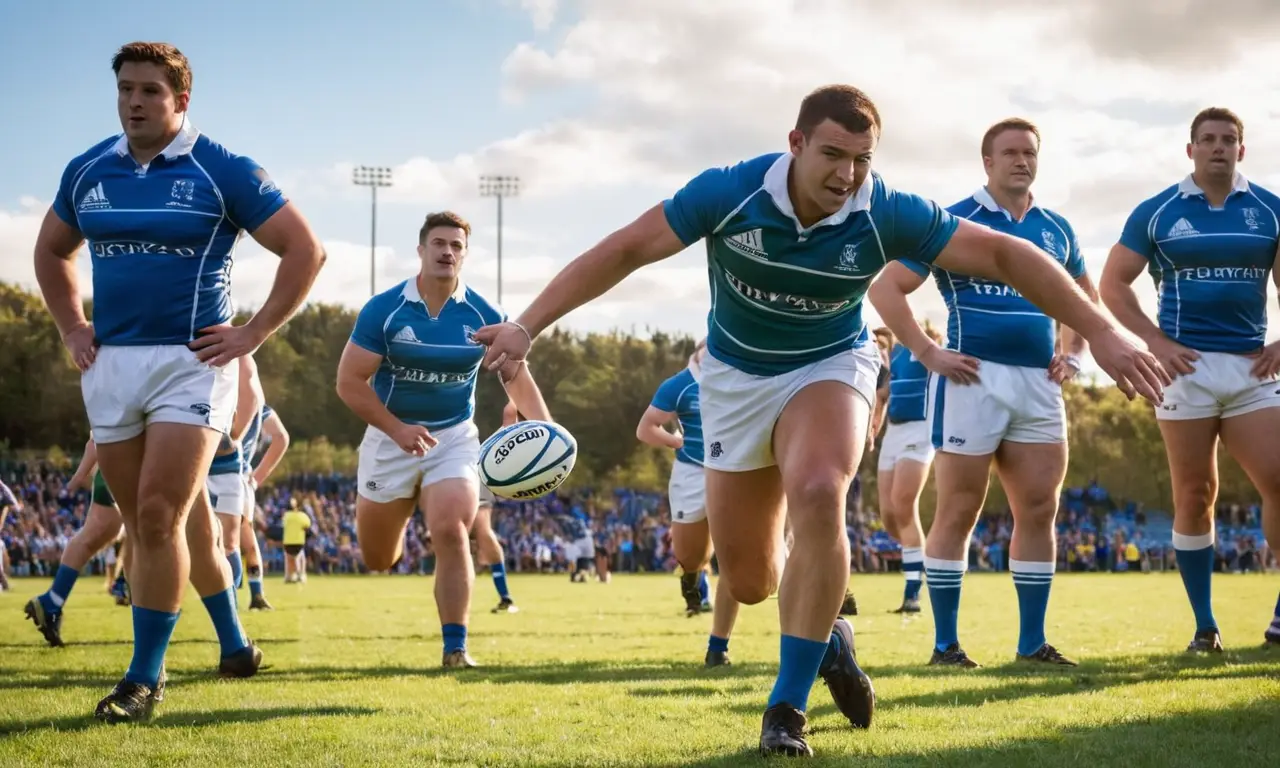 Terrain de rugby vibrant, joueurs concentrés, action dynamique