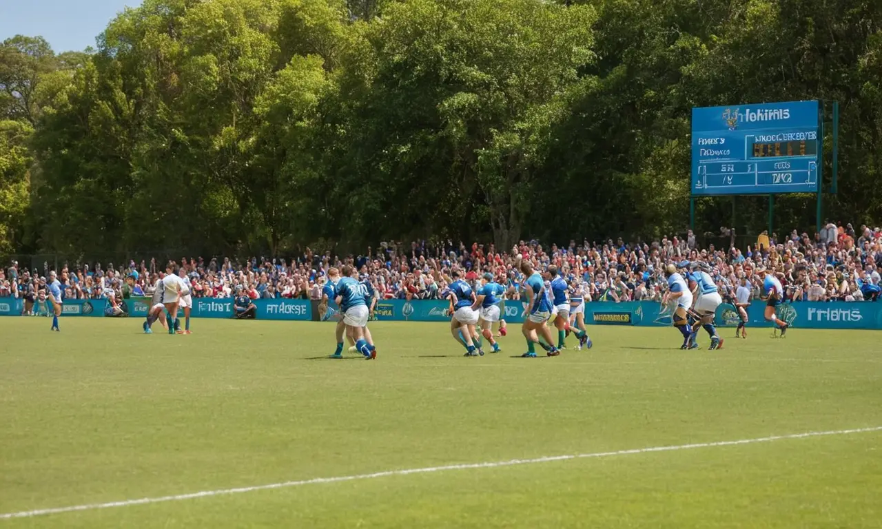 Terrain de rugby animé sous un ciel bleu