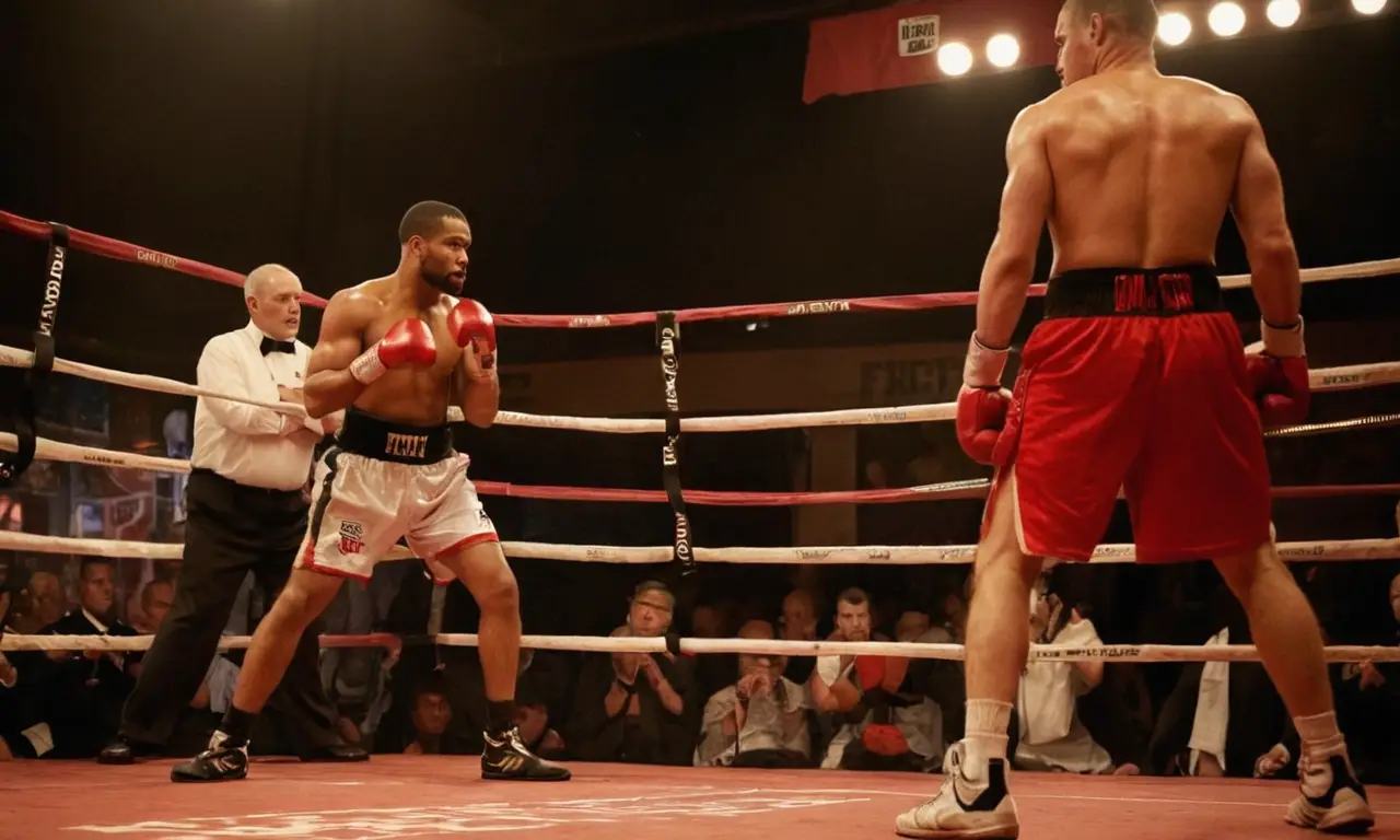 Salle de boxe sombre, tension palpable, combattant concentré