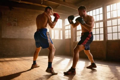 Salle de boxe dynamique avec boxeurs concentrés