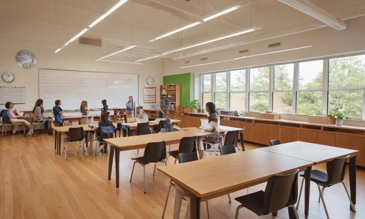 Salle de classe moderne, lumière naturelle, ambiance dynamique