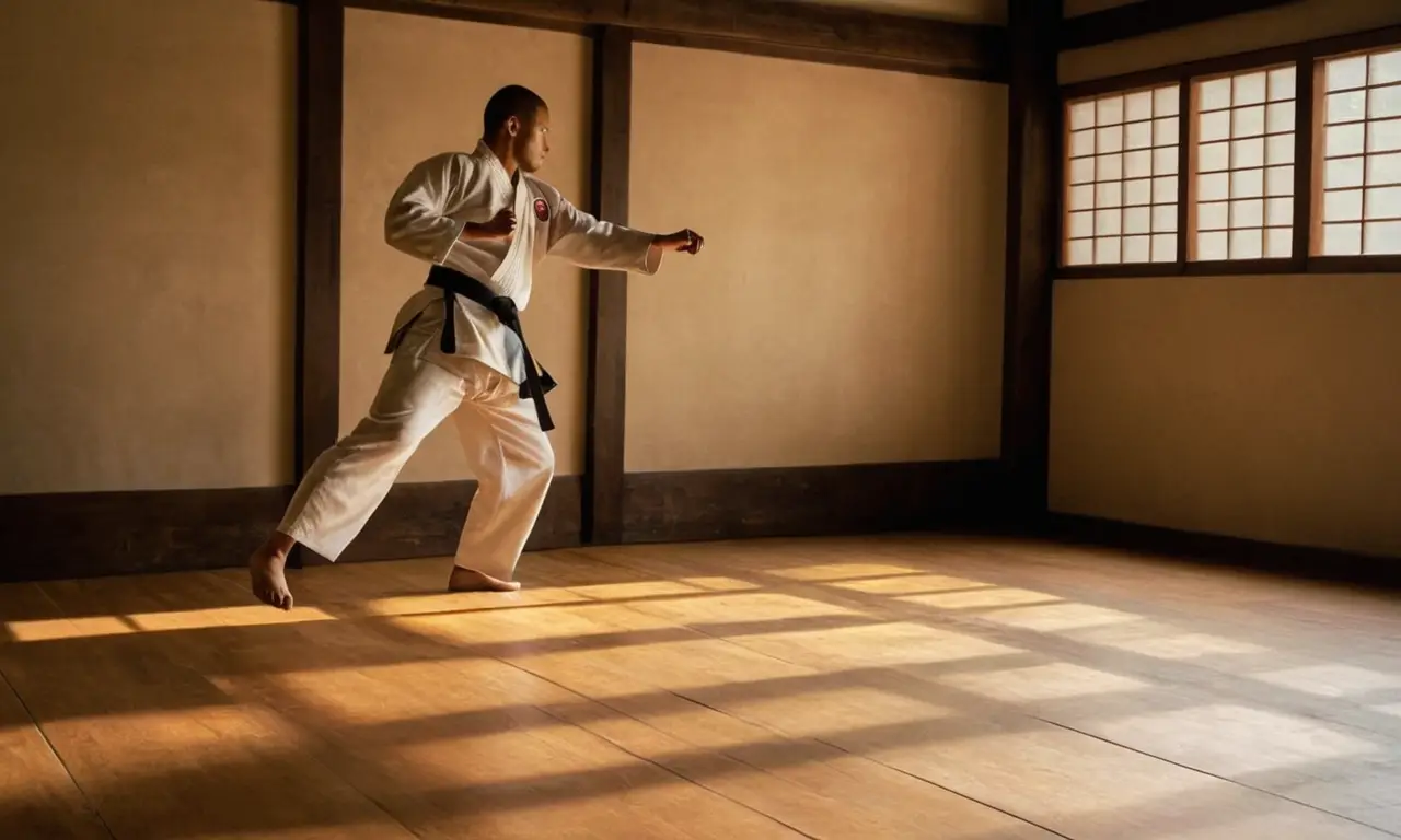 Artiste martial concentré dans un dojo éclairé