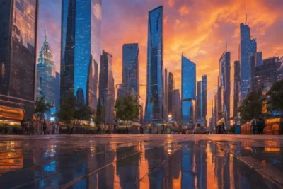 Une ville futuriste animée à la tombée du jour