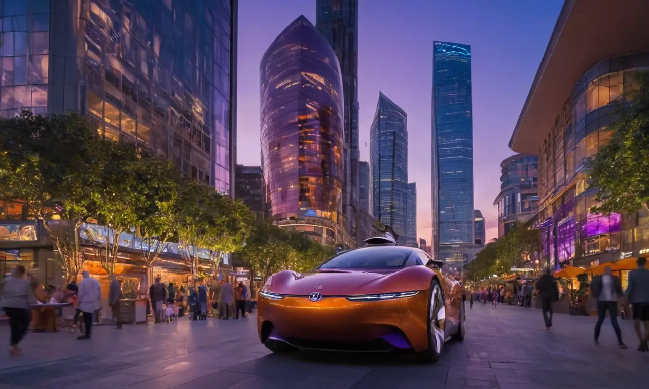 Ville futuriste animée au crépuscule