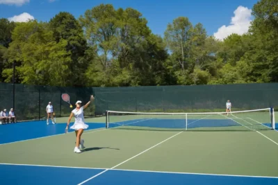 Terrain de tennis animé sous un soleil éclatant