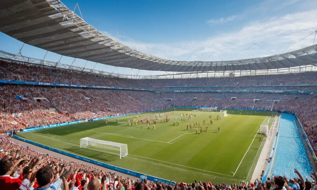 Stade de football vibrant sous ciel bleu
