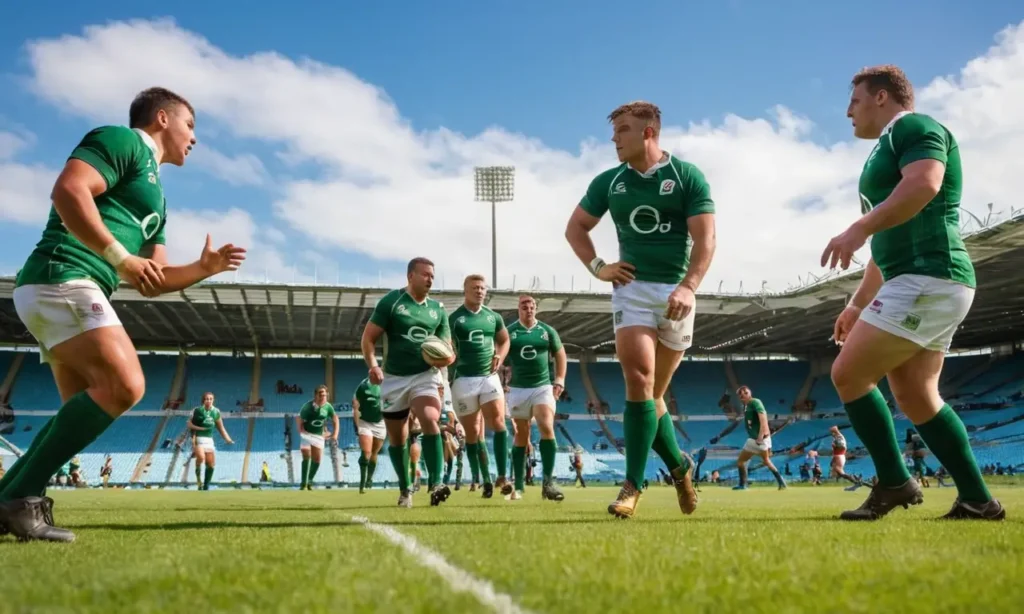 Terrain de rugby animé sous un ciel bleu