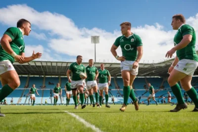 Terrain de rugby animé sous un ciel bleu