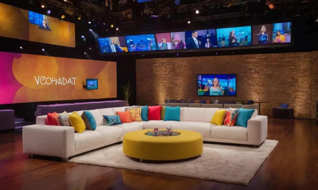 Studio télé vibrant avec ambiance chaleureuse