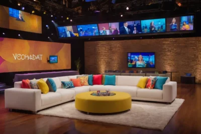 Studio télé vibrant avec ambiance chaleureuse