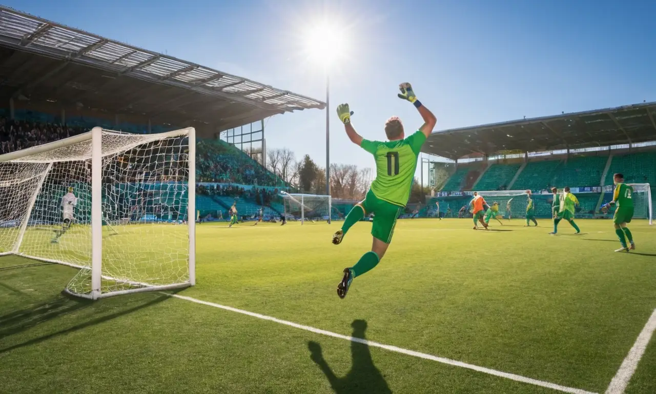 Terrain de football vibrant sous un ciel bleu